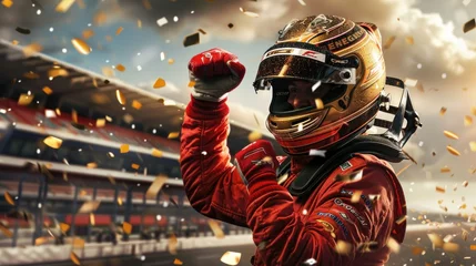  Formula One racing team driver celebrates victory with golden confetti on the racetrack background. © inthasone