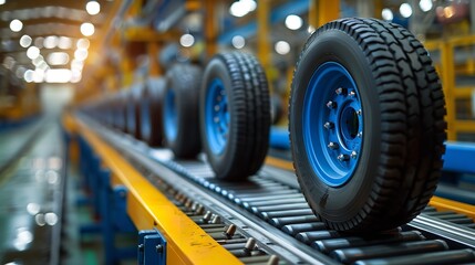 Fototapeta premium A close-up shot of tires moving on a conveyor belt in a factory setting