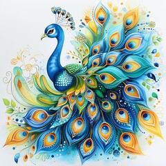 A watercolor Victorian vintage style peacock with elaborate feathers, bright pastel blues and greens, intricate details