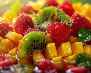 Close-up of fresh fruit salad with raspberries, kiwi, mango, and mint leaves in a vibrant, colorful, and healthy arrangement.