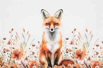 Fototapeta premium A serene vintage style fox with a bushy tail, soft pastel oranges and browns, surrounded by floral elements, watercolor