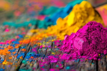 Fototapeta premium Colorful abstract Festive Holi backdrop. Bright powder on wood. Dusty splash. Decoration with flat holi paint