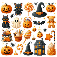 Collection set of cute Halloween-themed icons featuring pumpkins, black cats, witches' hats, candy, ghosts, spiders, and haunted house.