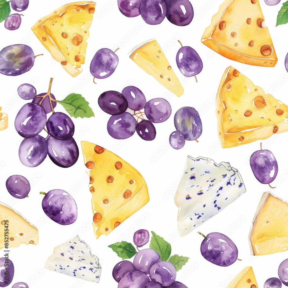 Poster this image features a watercolor pattern of assorted cheeses and grapes. the pattern is seamless, re