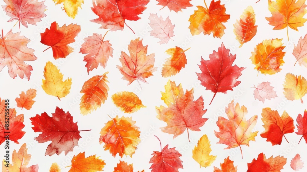 Poster this image features a pattern of watercolor painted autumn leaves. the leaves are in various shades 