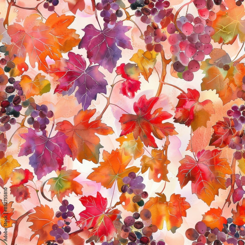 Poster this image is a watercolor painting of grape vines with colorful fall leaves and clusters of purple 