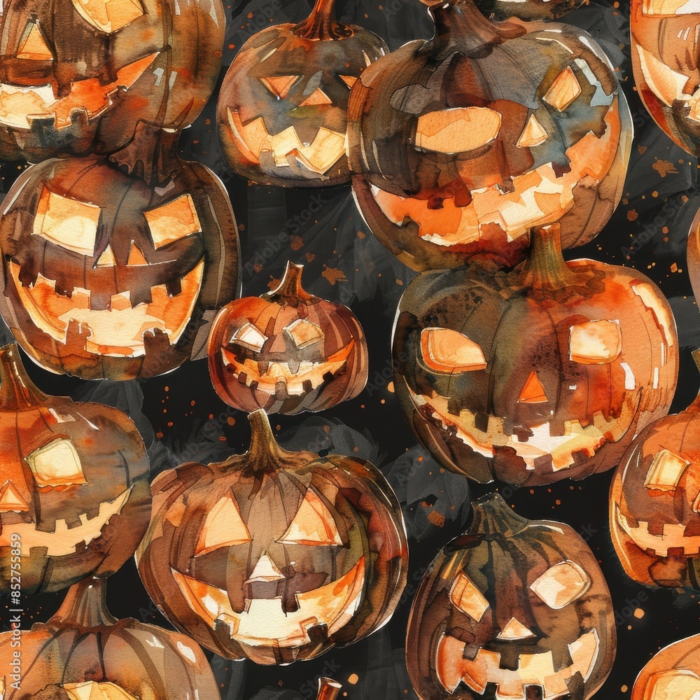 Poster this image features a watercolor pattern of jack-o-lanterns with spooky grins. the orange and black 