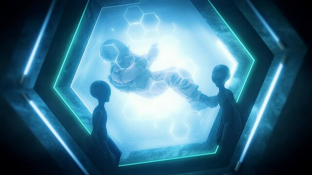 A dark Sci Fi interior with two grey aliens watching a trapped astronaut floating in an observation tank.