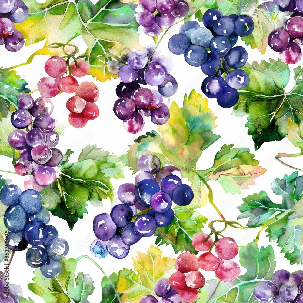 Poster this watercolor painting features a close-up view of several bunches of purple grapes and red grapes