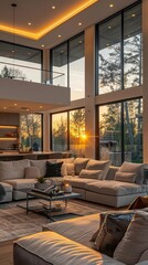 Naklejka premium Modern living room with large windows showcasing a beautiful sunset view, elegant furniture, and tasteful decor creating a cozy atmosphere.