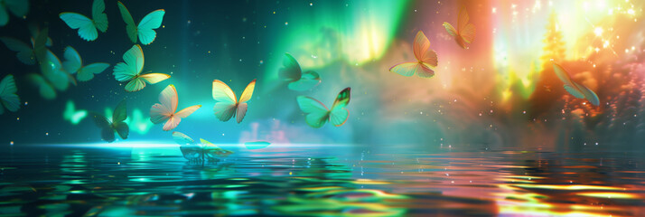 オーロラと一緒に綺麗に光り輝いている蝶、コピースペース,テキスト用スペース,Generative AI,Beautiful glowing butterfly with aurora borealis, copy space,space for text,Generative AI,