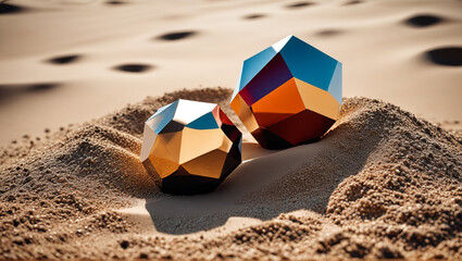 Wooden geometric sculptures emerging from a bed of shimmering metallic sand, blending natural warmth with industrial flair for a visually captivating effect, Generative AI