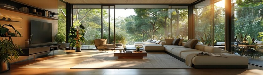 Modern open living room with large windows showcasing a lush, natural garden. Cozy seating and contemporary decor create a serene atmosphere.