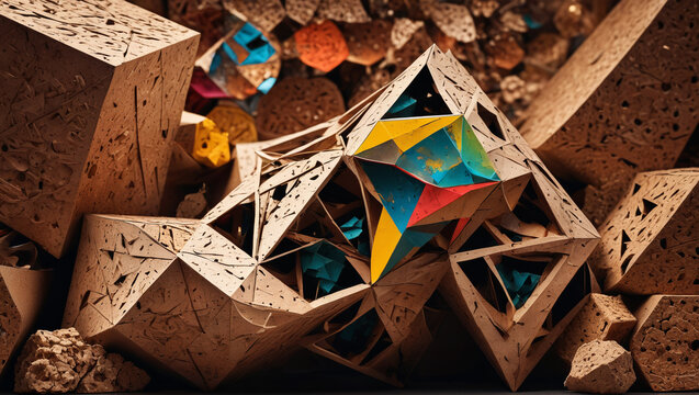 Plastic geometric installations against a backdrop of laser-cut cork, marrying the sleekness of plastic with the natural and earthy texture of cork, Generative AI