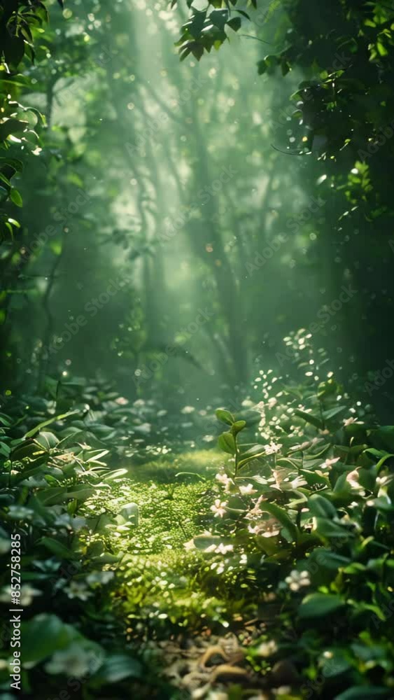Poster a forest with a path through it. the path is surrounded by trees and bushes. the sunlight is shining
