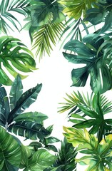 Watercolor illustration of lush tropical green leaves framing a white background, perfect for a fresh and vibrant nature-themed design