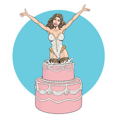 Pop out cake, young woman dancer in lingerie jumping out of the cake, a surprise show, isolated on the white background. Bachelor party or invitation card or birthday poster design. 