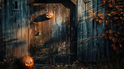 Old and eerie wooden door with pumpkin for Halloween