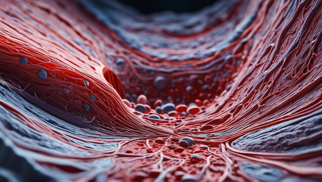 Close-up view of a vein or artery segment under high magnification, showcasing the pulsatile movement of blood cells and the anatomical features of the vascular wall, Generative AI