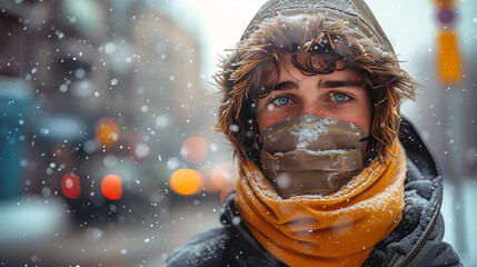 A close-up shot of a man wearing a protective mask in a polluted environment, on blurred winterr city street background.
