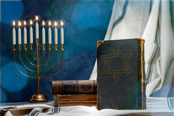 Hanukkah Jewish holiday celebration. Hanukkiah Menorah, Old book Talmud, Torah, Hebrew Bible, Star...