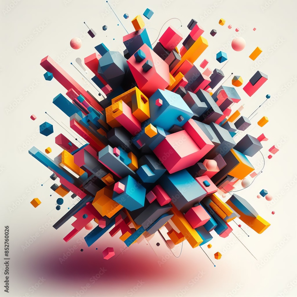 Poster a vibrant abstract composition featuring a dynamic explosion of colorful 3d geometric shapes. the im