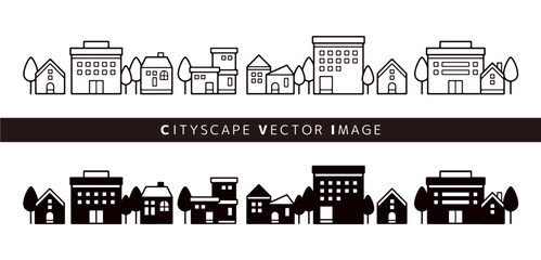 かわいい街並みの線画とシルエットのグラフィック素材セット