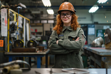 young woman with red hair and glasses wearing an industrial helmet stands in front of a workbench. factory workshop diversity inclusion omen concept - Powered by Adobe