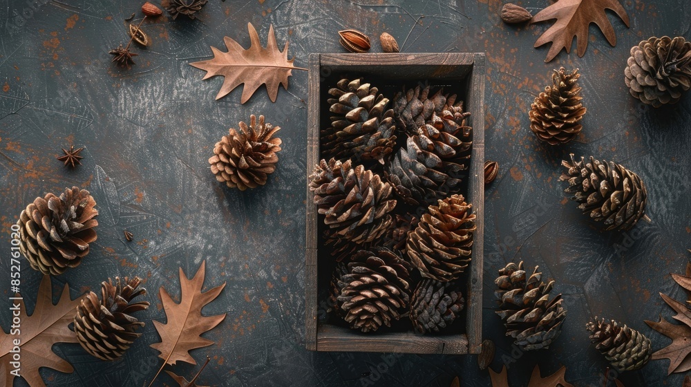Poster pine cones and seeds in box on table viewed from above