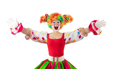 Funny female clown with open arms, woman entertainer as Joker in a suit and wig, with clown...