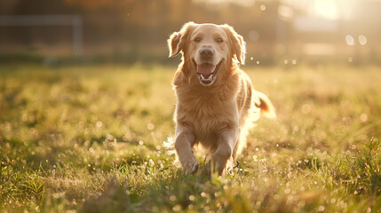 Joyful golden retriever running through a grassy field