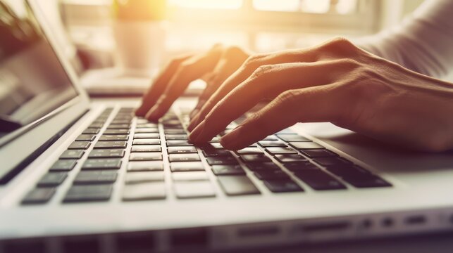 Business man hands typing on laptop computer keyboard, searching information, surfing the internet on dark office desk, distance job, online working, business and technology concept