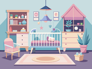 Nursery with a crib, changing table, and soft pastel colors