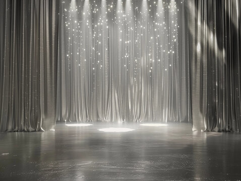 Lux stage show metallic silver drapes opulent backdrop royal party photobooth empty shiny theatre chrome fabric draping background theatrical royal theatrical grand lux blank luxury enchanting glamor
