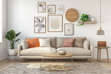 Modern living room setup with a comfortable sofa, coffee table, and decorative elements, minimalistic style