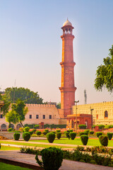 Badshahi mosque minaret in Lahore, Punjab, Pakistan. 