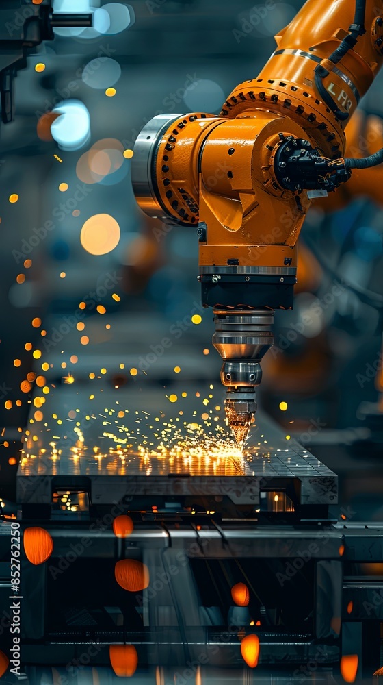 Canvas Prints In this dynamic scene, a robotic arm performs welding tasks with sparks flying, highlighting automated manufacturing processes - Canvas Prints
