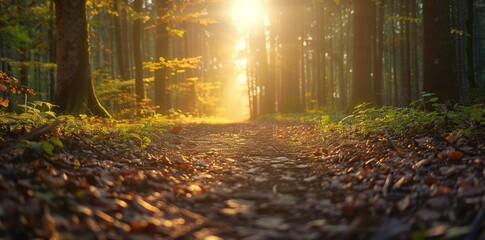 Forest path bathed in golden sunlight symbolizing spiritual journey and growth