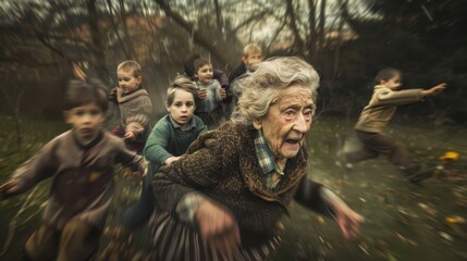 an old woman is running with a group of children