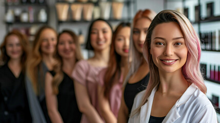 Obraz premium Diverse, happy team in a modern workplace led by a smiling woman with pink hair