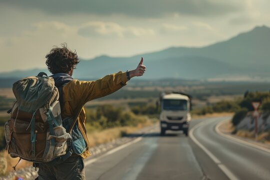 a man with a backpack is standing on the side of the road with his thumb up