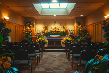 Elegantly decorated funeral chapel with flowers and casket. Indoor photography capturing the solemn atmosphere. Memorial service concept for ceremony, event planning, and floral arrangement design