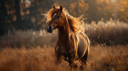 Beautiful brown horse with a flowing mane in a romantic countryside scene