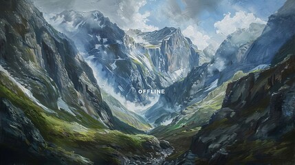 Fototapeta premium Oil painting, view of the partially intersecting mountains, in the center is 