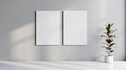 Mock up of two vertical posters hanging on a sleek grey wall, blank spaces for artwork or text, contemporary and stylish interior, soft lighting