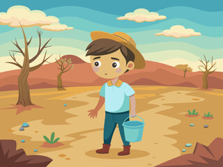 A boy carrying a small bucket of water through a barren landscape