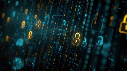 Panorama of night city skyline with immersive data protection interface with padlock, fingerprint and shield. Concept of cybersecurity and biometric scanning