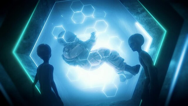 A dark Sci Fi interior with two grey aliens watching a trapped astronaut floating in an observation tank.