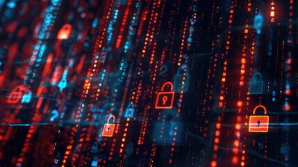 Panorama of night city skyline with immersive data protection interface with padlock, fingerprint and shield. Concept of cybersecurity and biometric scanning