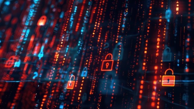 Panorama of night city skyline with immersive data protection interface with padlock, fingerprint and shield. Concept of cybersecurity and biometric scanning